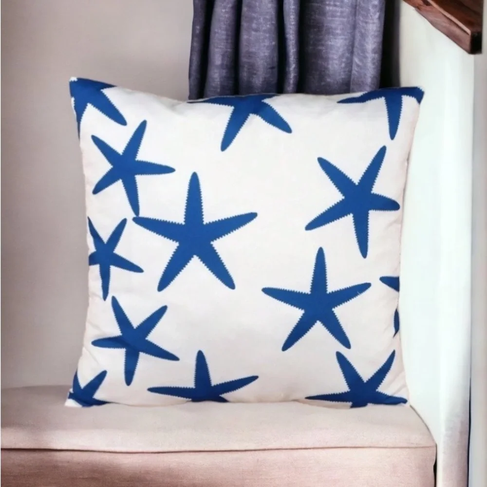 Coastal Starfish Pillow Cover Beach Nautical Square Blue White 17. 7 X 17.7 in